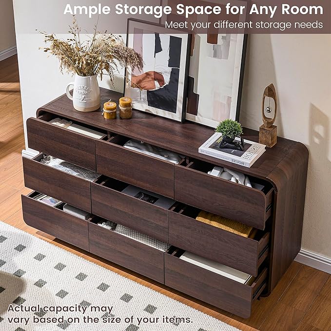 9 Drawer Double Dresser for Bedroom, Modern Curved Wood Chest Drawers of Handleless, Large Storage Dresser Bedroom, Living Room, Entryway, Walnut