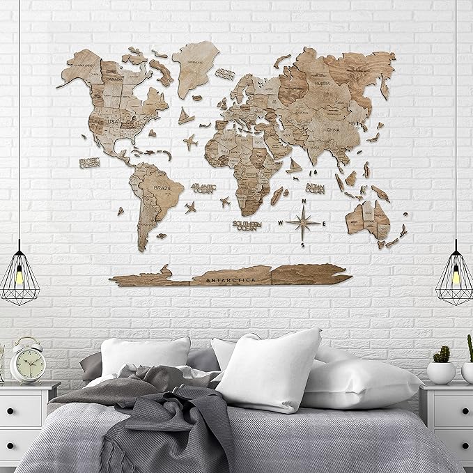 Handmade 3D Wood World Map Wall Art Large Wall Decor Track Your World Travels - Special for Home, Kitchen and Office (Large, Terra)
