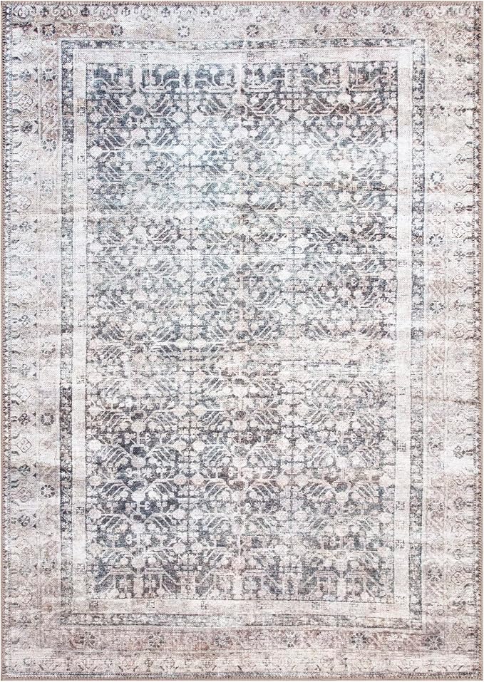 Bloom Rugs Washable Non-Slip 6' x 9' Rug - Tan/Blue/Green Traditional Area Rug for Living Room, Bedroom, Dining Room, and Kitchen - Exact Size: 6' x 9'