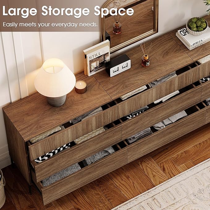 WAMPAT 63" W Fluted Dresser for Bedroom, 2 in 1 Modern 6 Drawer Dresser TV Stand with Hidden Handles, Wooden Chest of Drawers Closet Clothes Storage Organizer for Bedroom, Living Room, Light Walnut