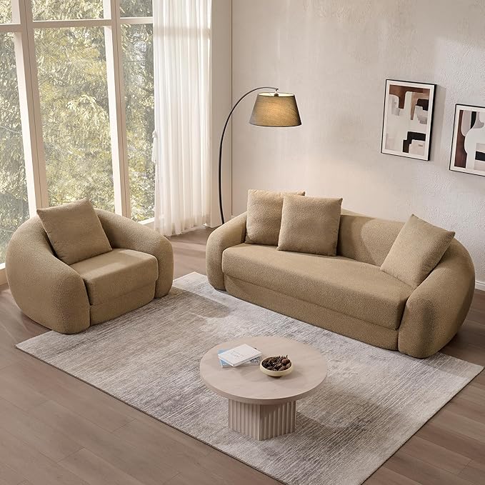 SICOTAS 49.9" Curved Convertible Sofa Couch Bed for Living Room Futon Cloud Boneless Sleeper Chair Pull Out Floor Couch with Deep Seat Single Sofa Foam Lounger No Assembly for Bedroom Apartment, Brown