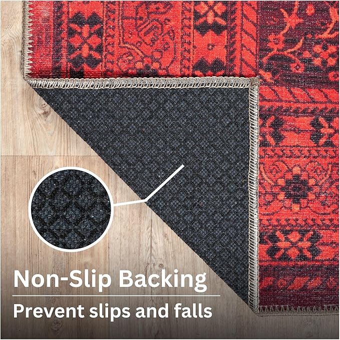 Bloom Rugs Washable Non-Slip 2' x 3' Rug - Red Traditional Bordered Area Rug for Living Room, Bedroom, Dining Room, and Kitchen - Exact Size: 2' x 3'