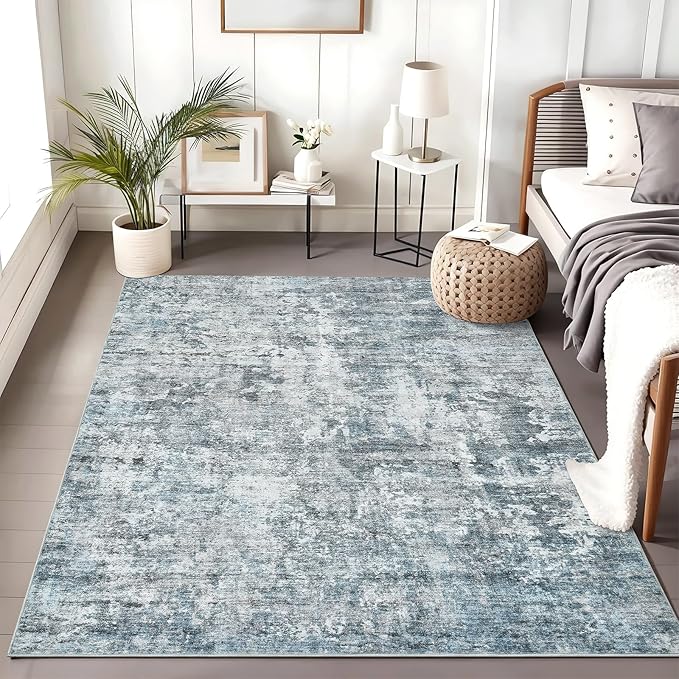 3x5 Rug, Small Area for Kitchen, Entryway, Machine Washable Non-Slip Throw Rug, Vintage Carpet for Nursery Coffee Table Blue