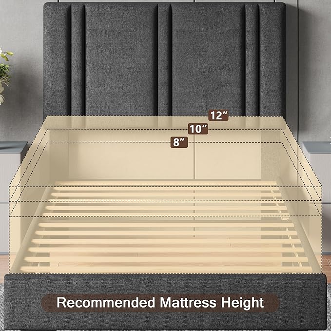 Upholstered Twin Size Bed Frame with Linen Fabric Headboard, Strong Wooden Slats Support, Noise Free, No Box Spring Needed, Dark Grey