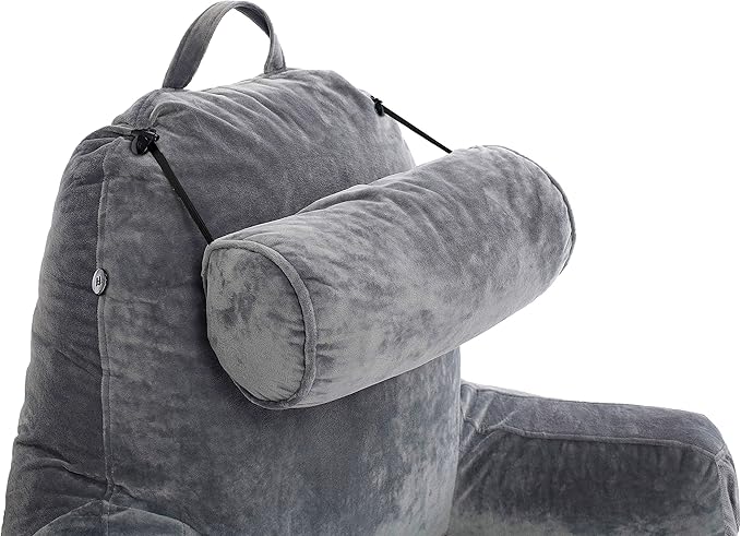 Husband Pillow Medium Dark Grey, Backrest for Kids, Teens, Petite Adults - Reading Pillows with Arms, Adjustable Loft, Plush Memory Foam, Bed Rest Chair Sitting Up, Detach Neck Roll, Removable Cover