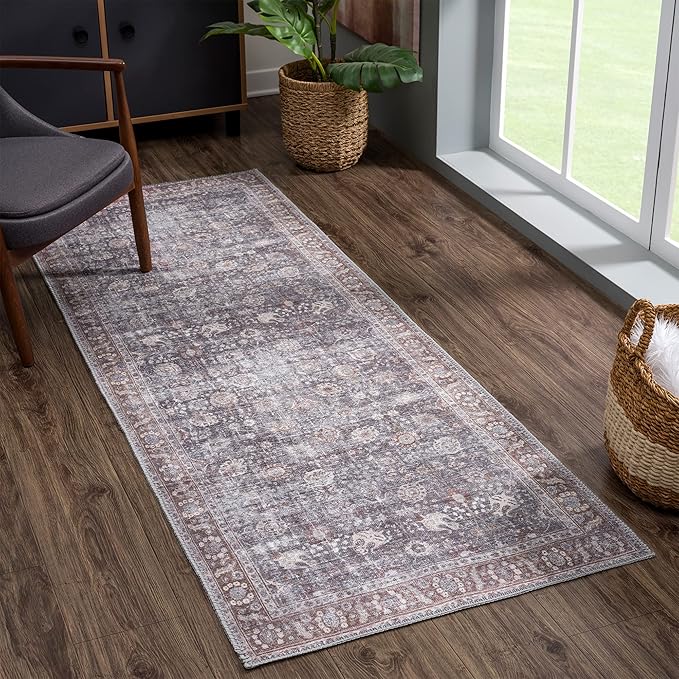 Bloom Rugs Washable 10 ft Runner - Brown/Dark Gray Traditional Runner for Entryway, Hallway, Bathroom, and Kitchen - Exact Size: 2.5' x 10'