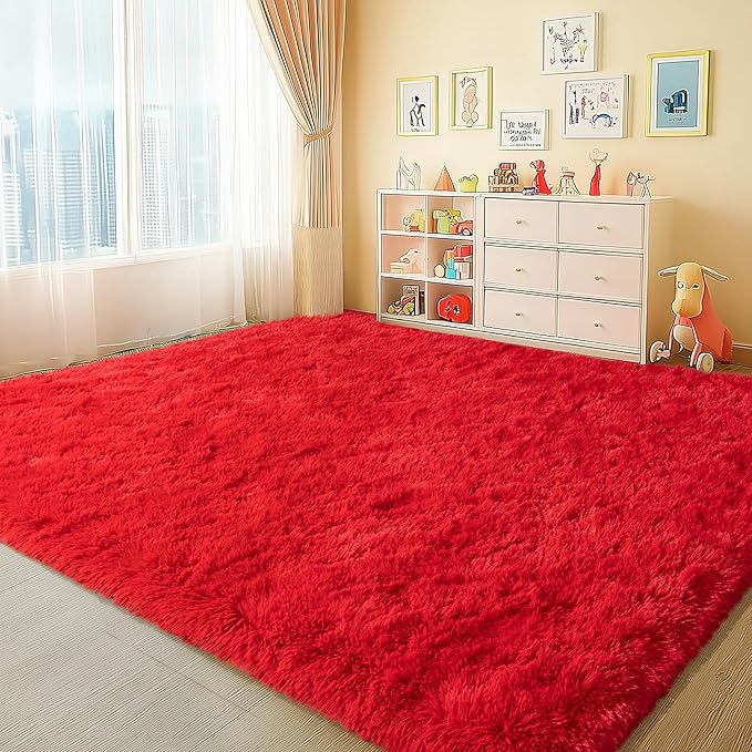 Soft Red Rugs for Bedroom, 4x6 Fluffy Fuzzy Shaggy Rugs for Living Room, Non-Slip Bedside Shag Rug Carpet for Kids Room Nursery Dorm Home Decor