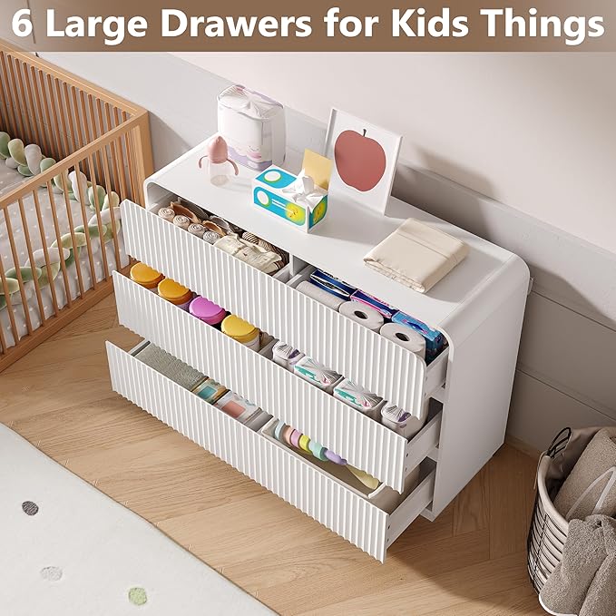 Dresser for Bedroom with 6 Drawers, Fluted Chest of Drawers with Round Curved Corner, Hidden Handles, Modern Wood Storage Organizer for Bedroom, Nursery, Living Room
