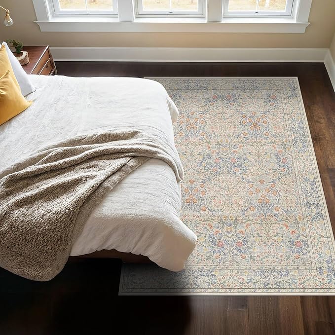Vintage Washable Beige Blue Area Rugs for Bedroom Under Bed, Living Room, Nursery, Kitchen, Entryway, Low Pile Non Slip Stain Resistance Distressed Retro Indoor (Beige Blue, 4 x 6)