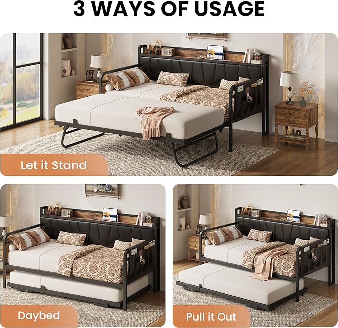 LIKIMIO Daybed with Trundle Bed, Twin XL Bed Frame with Storage Headboard and Charging Station, Sofa Day Bed with Strong Supports for Living Room, Bedroom, and Guest Room, Black