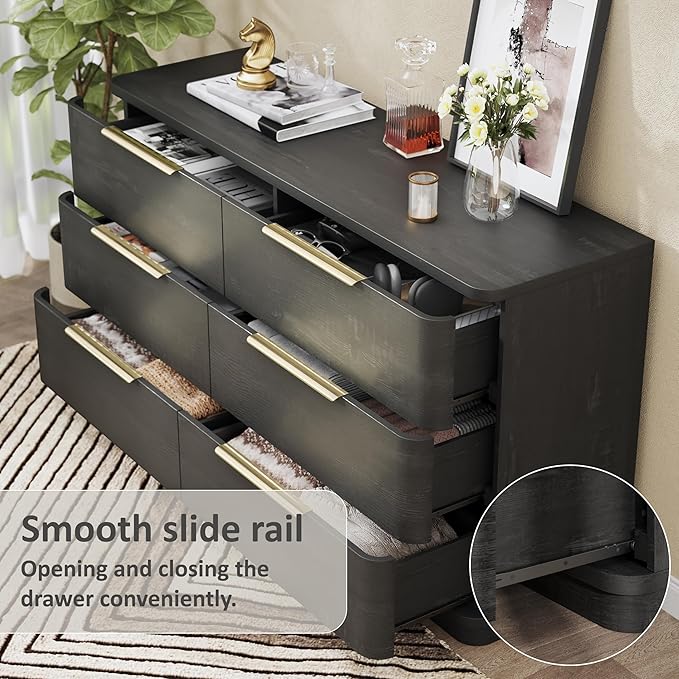 6 Drawer Dresser for Bedroom, 54" Wide Modern Chest of Drawers with Metal Handle, Curved Profile Design, Wooden Black Dresser Closet Clothes Storage TV Stand for Living Room, Hallway