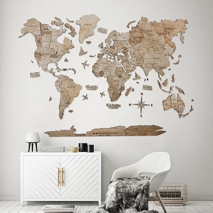 Handmade 3D Wood World Map Wall Art Large Wall Decor Track Your World Travels - Special for Home, Kitchen and Office (Medium, Terra)