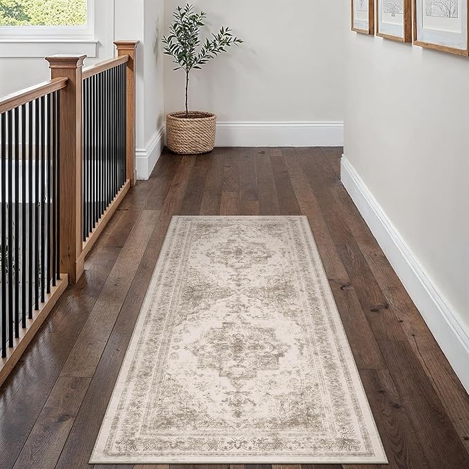 Runner Rug 2x6 Beige Hallway Washable Carpet Non Slip Vintage Medallion Carpet Low Pile Soft Distressed Retro Indoor Long Rug for Entryway Kitchen Bathroom Laundry Bedroom
