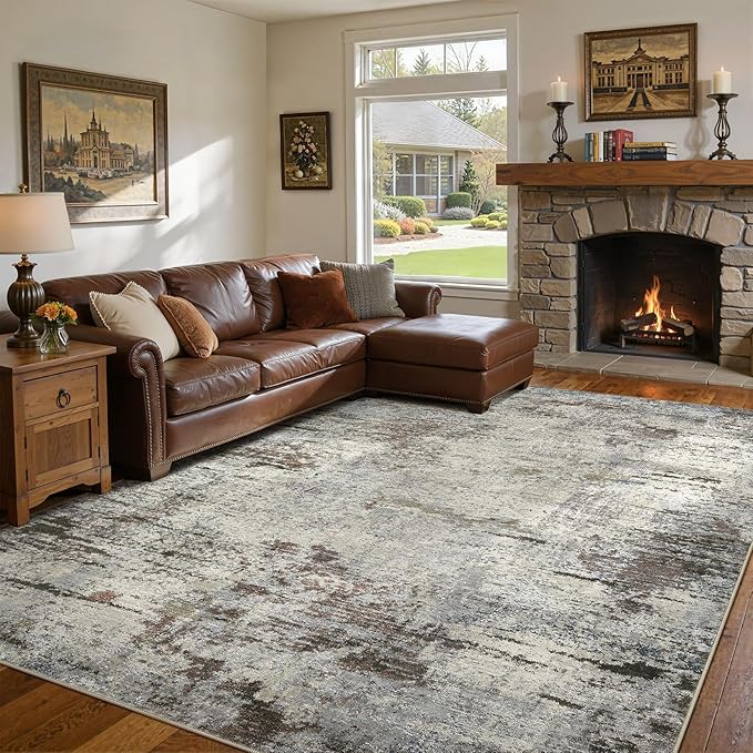 Area Rug Living Room Rugs - 8x10 Washable Large Soft Indoor Neutral Modern Abstract Low Pile Rug Carpet for Bedroom Dining Room Farmhouse Home Office - Brown Rust