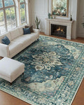 Area Rugs 9'x12' Washable Non-Slip, Floral Vintage Distress Print Pattern Medallion Carpet for Living Room Bedroom Dining Room, Dark Blue Vintage