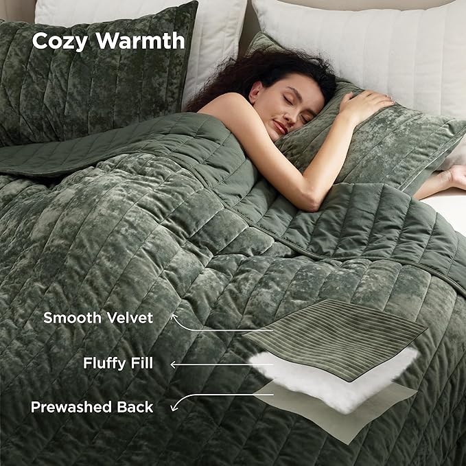 Bedsure Velvet Quilt Queen Size Set - Lightweight Velvet Comforter Queen, Luxury Bedspread Coverlet, Ultra-Soft Winter Bedding Set with 2 Pillow Shams, 90"x96", Olive Green