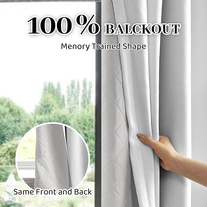 100% Blackout Thermal Insulated Curtains, 3 Layers Noise Absorbing, Soundproof Back Tab Drapes for Sliding Glass Door Baby Nursery Bedroom with Hooks, Grayish White 50x84 Inch Set of 1