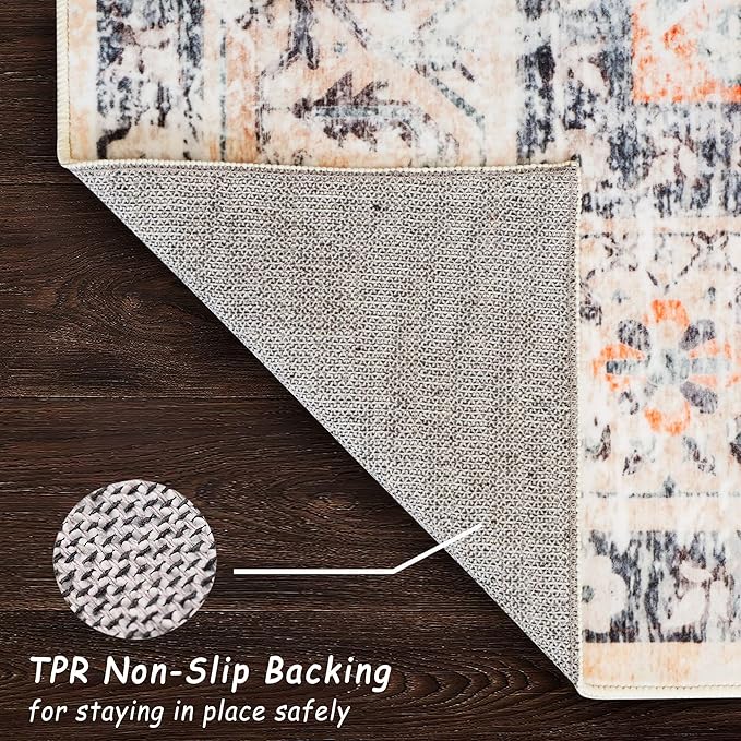 4x6 Rug, Small Area Rug for Living Room, Bedroom, Kitchen, Machine Washable Non-Slip Throw Rug, Vintage Distressed Floral Carpet for Entryway Nursery Dinner Room, Orange