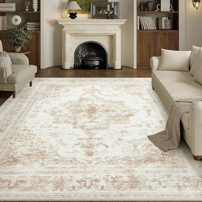 Area Rug 5x7 Cream Washable Living Room Beige Carpet Non Slip Vintage Medallion Low Pile Soft Indoor Bedroom Retro Distressed Indoor Rug for Kitchen Home Office Laundry Dining Room