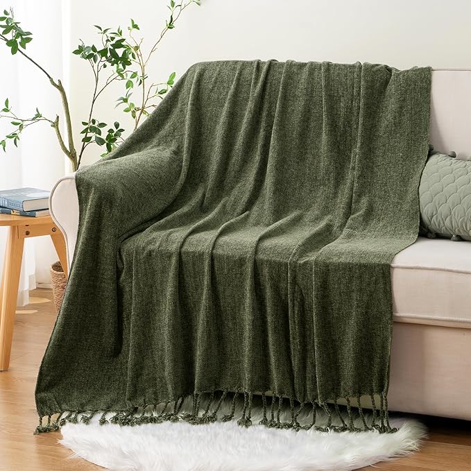 BATTILO HOME Olive Green Throw Blanket for Couch Bed Sofa, Soft Cozy Chenille Throw Blanket with Fringe Tassels, Lightweight Knit Throw Blanket for Home Decor, 50"x60"