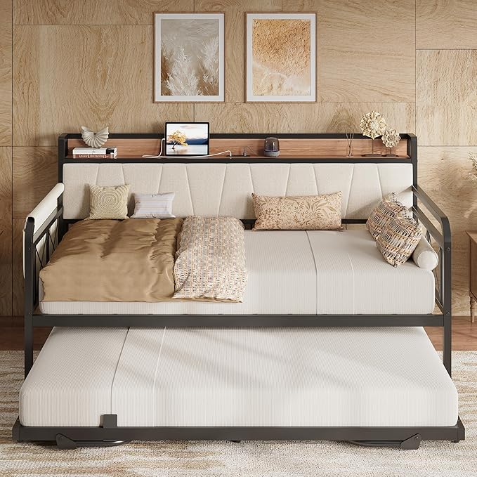 LIKIMIO Daybed with Trundle Bed, Twin XL Bed Frame with Storage Headboard and Charging Station, Sofa Day Bed with Strong Supports for Living Room, Bedroom, and Guest Room, Beige