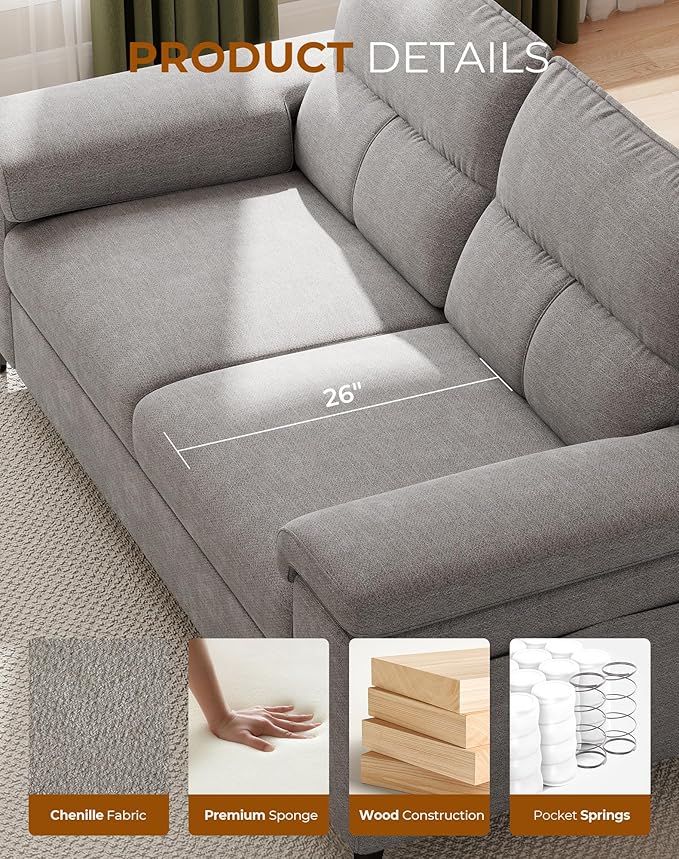 71.25" Modern Couches for Living Room, Deep Seat Sofa with 8” Cushion, Comfy 2-Seater Chenille Loveseat with Convertible Armrest, Removable Sofa Cover, High Leg(Light Gray)