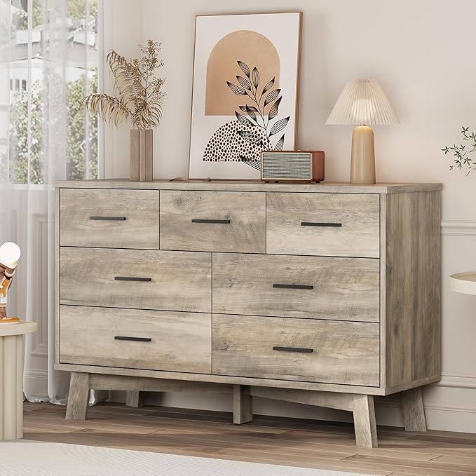 Dresser for Bedroom with 7 Drawer, Wood Modern Chest of Drawers with X-Shaped Sturdy Base, Wide Double Dresser Closet Clothes Storage Organizer, Wooden TV Stand for Living Room, Hallway, Grey