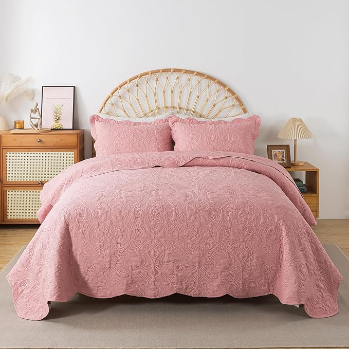 HoneiLife Queen Quilt Bedding Set - 3 Pieces Microfiber Quilt Sets Lightweight Bedspreads Reversible Coverlets Rustic Bed Cover Floral Bedding Set All Season Quilts-Pink