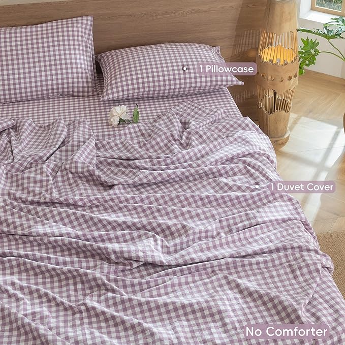 MooMee Gingham Duvet Cover Set 100% Washed Cotton Linen Like Textured Breathable Durable Soft Comfy Modern Checkered Design (Classic Gingham Light Purple, Twin 68"x90")