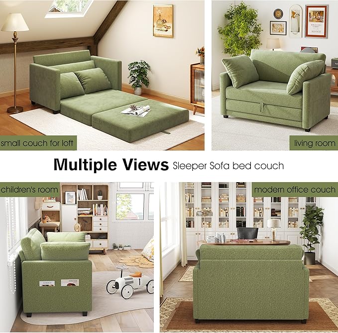 51" Loveseat Sleeper Sofa Bed, Chenille Convertible Floor Sofa Bed for Small Spaces, Folding Couch Bed with Deep Seat, 2 Pillows & Solid Frame, Pull Out Floor Couch for Living Room, Green