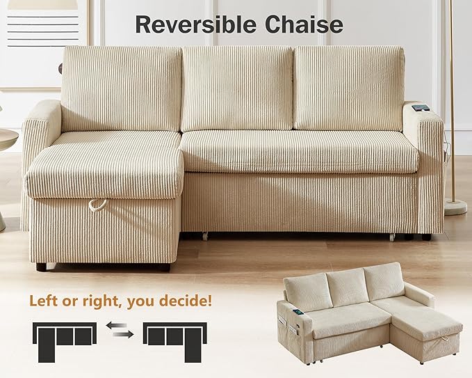 Vipbear 80" Sectional Sleeper Sofa Bed with Pull Out Bed, L Shaped Couch Pull Out Couch with Reclining Backrest, Reversible Storage Chaise, USB Ports, Tool-Free Assembly, Corduroy Beige Color