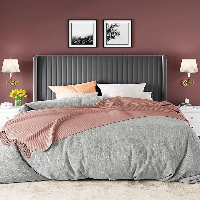 Allewie King Size Velvet Bed Frame/Vertical Channel Tufted Wingback Headboard/Upholstered Platform Bed/No Box Spring Needed/Strong Wooden Slats/Easy Assembly/Grey
