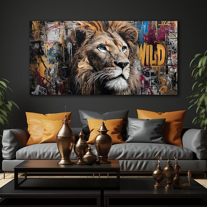 JuhaiArt Brown Wall Art Lion Artwork Graffiti Wall Decor Animal Canvas Art for Living Room Bedroom Home Office Prints Colorful Large Picture 29" x 59"