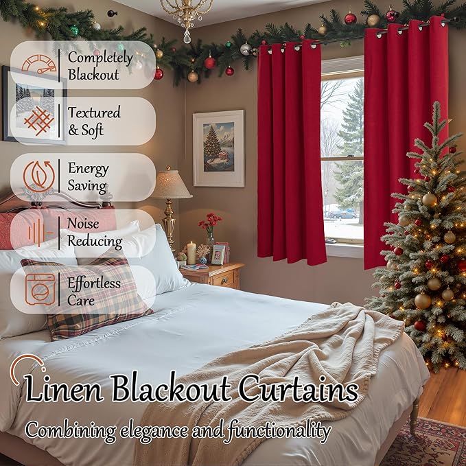 Short Linen Blackout Curtains for Winter Christmas Decor 45 Inch Long, Red Thermal Insulated Short Total Light Blocking Curtains for Small Window Living Room Bedroom, Each 52x45 Inch 2 Panels