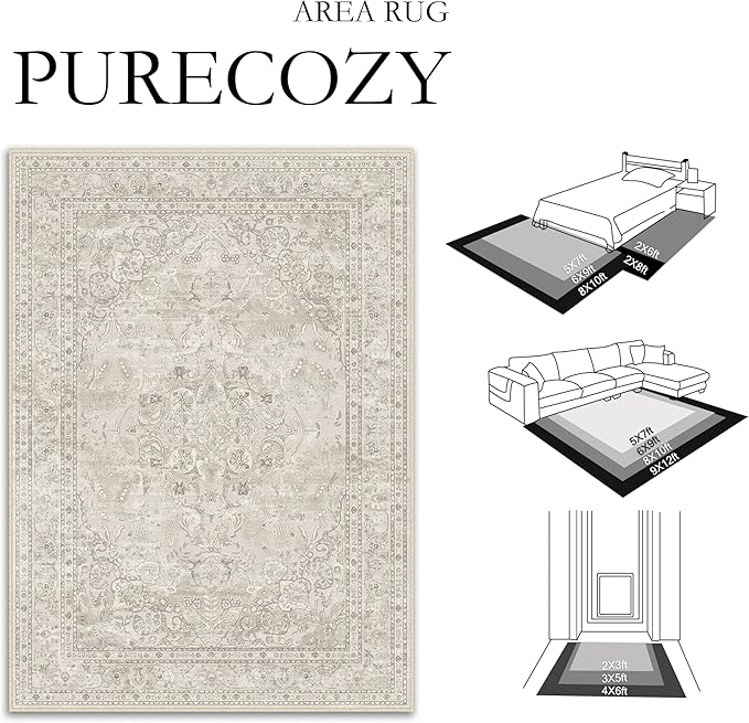 Beige 5x7 Area Rug Washable Vintage Carpet for Living Room Office Soft Retro Floral Low Pile Thin Indoor Rug Non Slip Central Medallion Floor Cover for Bedroom Dining Room