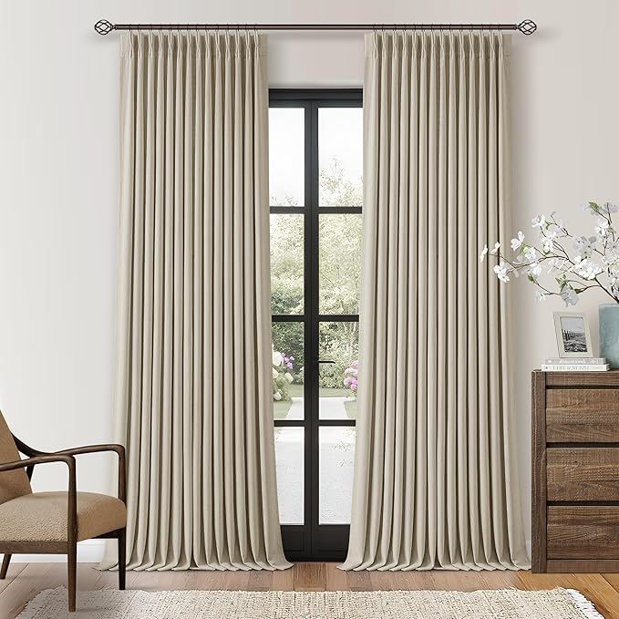 105 Inch Blackout Pleated Curtains for Bedroom Living Room Darkening Linen Textured Pinch Pleat 100% Black Out Thermal Insulated Window Drapes Double Layer Soundproof Curtains 2 Panels Oatmeal Beige