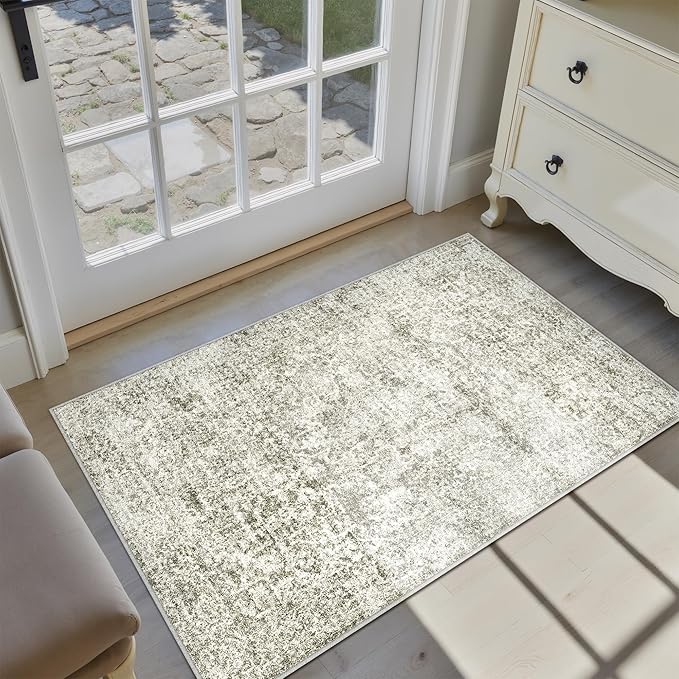 2x3 Entryway Area Rug Vintage Neutral Washable Small Carpet Indoor Non Slip Taupe Kitchen Entrance Mat Low Pile Retro Accent Distressed Throw Rug for Bathroom Bedroom Dining Living Room
