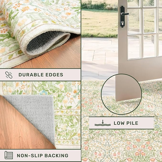 Washable Entry Rug - Front Door Rugs Indoor, Non-Slip Bathroom Small Rugs, Vintage Floral Style Rug for Kitchen, Perfect for Entryway Décor (2x3 Beige Green)