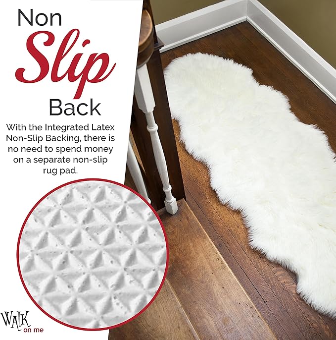 Walk on Me White Double Pelt Faux Fur Sheepskin Rug: Ultra Soft, Super Thick, Fluffy 2x6 Feet, Living Room, Bedroom, Office, Synthetic, Latex, Non-Slip