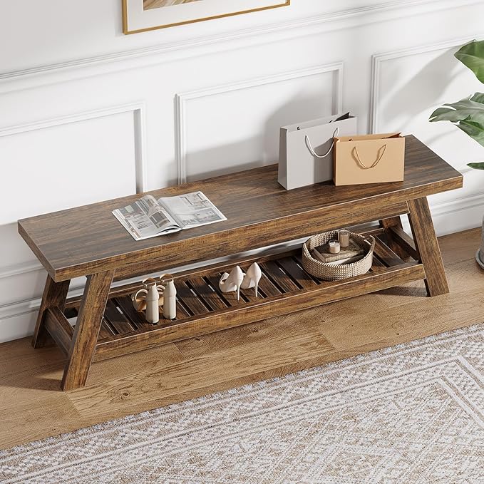 Tribesigns 55" Large Wood Entryway Bench with Shoe Storage, 2-Tier Rustic Brown Narrow Hallway Foyer Seating Bench with Open Shelves for Entryway, Bedroom, Mudroom