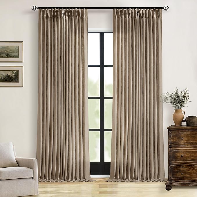 Pleated Linen Curtains 96 Inches Long for Living Room 2 Panel Set Semi Sheer Light Filtering Pinch Pleat with Rings Hooks Drapes Boho Farmhouse Rustic Light Brown Tan Latte Curtain Bedroom Window
