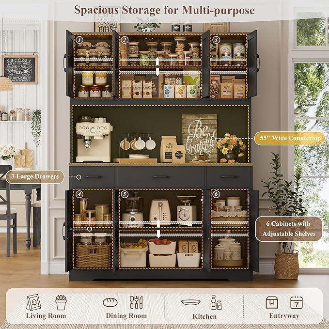 HOSTACK 71" Tall Pantry Cabinet with Charging Station, 55" Wide Kitchen Pantry Storage Cabinet with Countertop, Large Kitchen Hutch with Storage Drawers and Doors for Dining Room, Living Room, Black