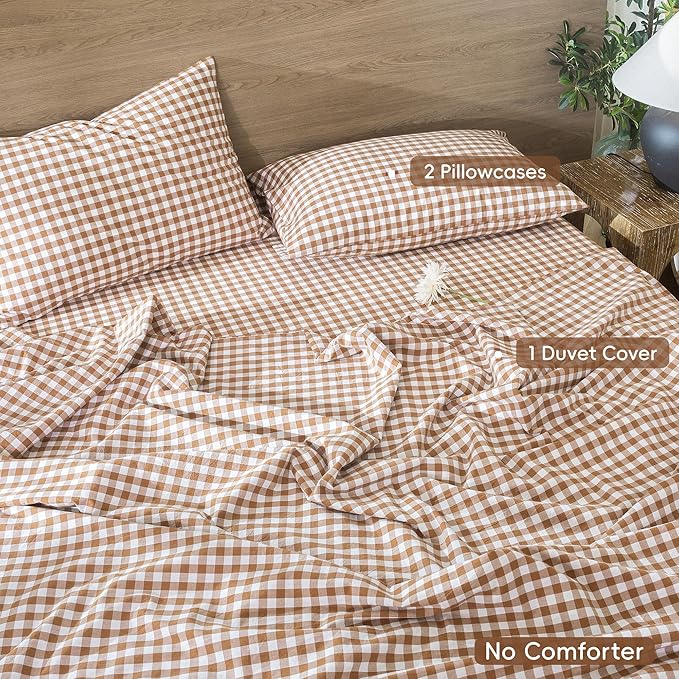 MooMee Gingham Duvet Cover Set 100% Washed Cotton Linen Like Textured Breathable Durable Soft Comfy Modern Checkered Design (Dark Orange Gingham, Oversized Queen 98"x98")