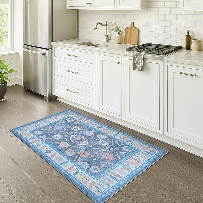 Fame Rugs Blue Modern Oushak Rug 9x12, Vintage Turkish Colorful Oriental Washable Antique Inspired Oversize Area Rugs, Luxury Living Room Bedroom (386PBL, 9' x 12) (387BNB, 9' x 12)