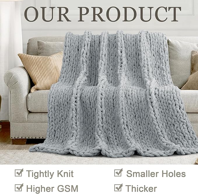Chunky Knit Throw Blanket 50"X 60", 100% Handmade with Soft Chenille Yarn, 4.4lbs Thick Cable Knitted Blankets, Large Rope Knot Crochet Throws for Couch Sofa Bed Home Decor, Light Grey