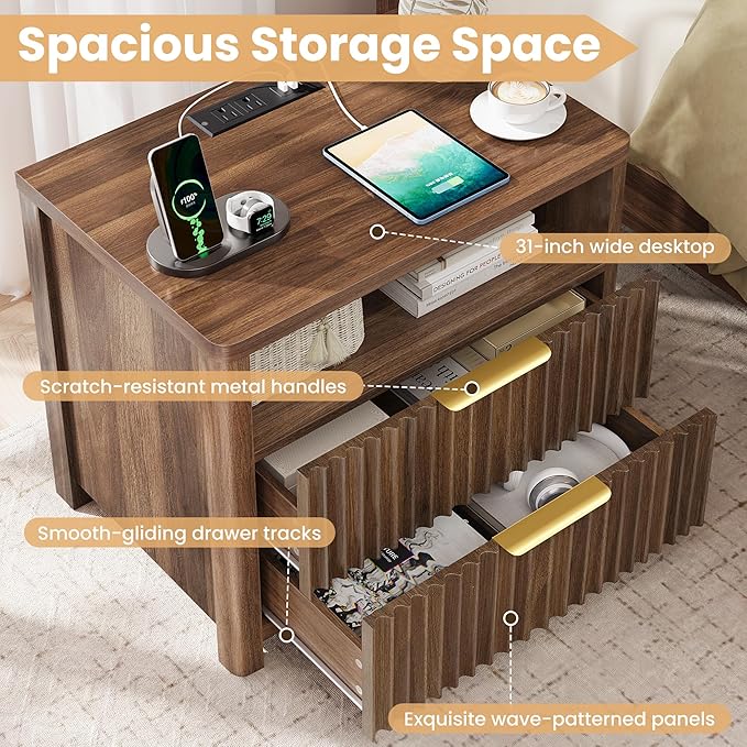 CypBed NightStand Set of 2 with Charging Station, Bedside Tables with 2 Drawers & Storage Shelf, Wood Fluted Nightstand with Rounded Corner Design, Modern End Table for Bedroom, Easy Assembly
