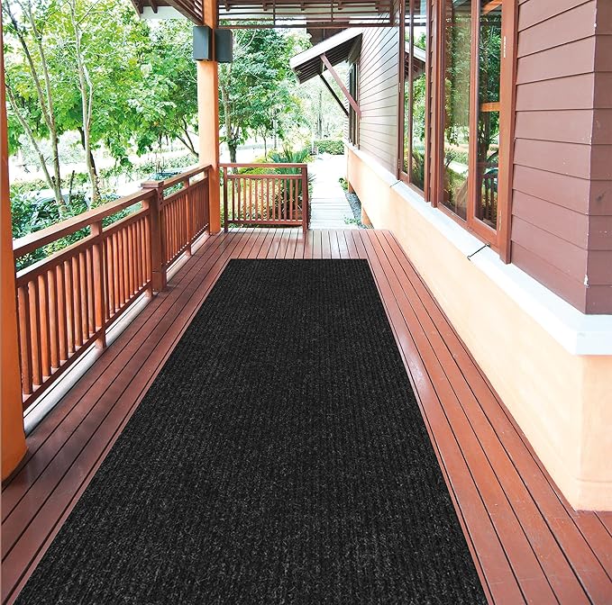 Ottomanson 2' x 28' Hallway Runner with Scraper Pile Extra Durable Non-Slip Rug Mat for Indoor & Outdoor Use - Ideal for Kitchen, Entryway, Patio & Garage - High-Traffic Carpet, Black