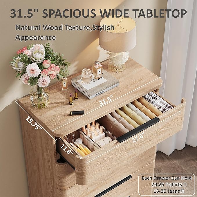5 Drawer Dresser for Bedroom, 45" Tall Modern Chest of Drawers with Metal Handle, Curved Profile Design, Wooden Closet with Large Drawers Dressers Organizer for Entryway Hallway