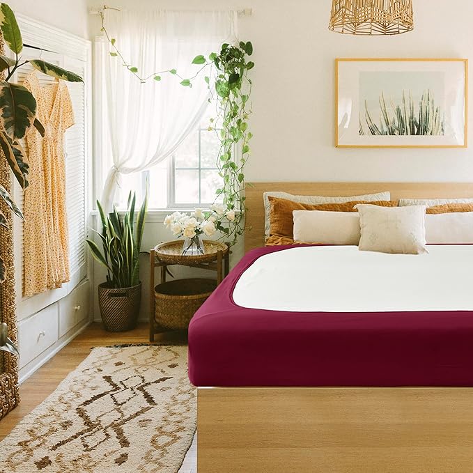 Biscaynebay Decorative Box Spring Cover King & Cal King Size, Burgundy Luxurious Jersey Knitting Stretchy Wrap Around 4 Sides Bed Skirt for Home/Hotels, Easy Fit Wrinkle & Fade Free Machine Washable