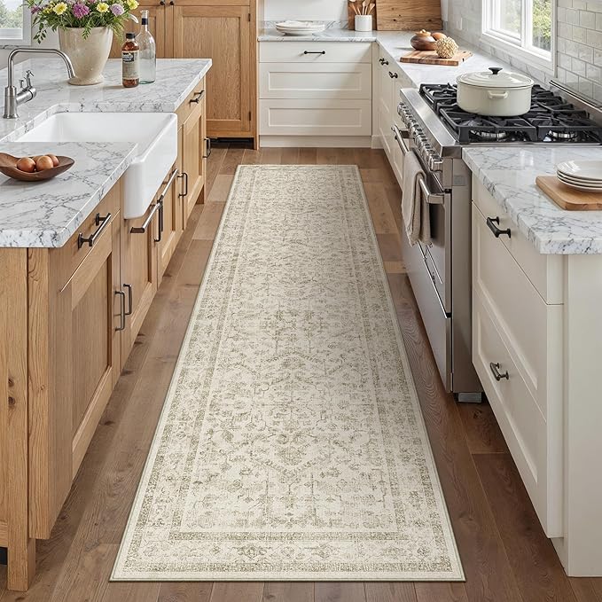 Taupe 2x8 Runner Rug Vintage Area Carpet Hallway Indoor Kitchen Washable Low Pile Traditional Distressed Retro Accent Throw Rug Non Slip for Laundry Bathroom Office